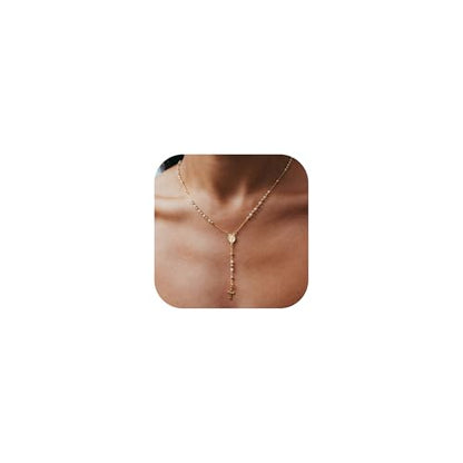 Lariat Necklaces for Women - Dainty Long Necklace Trendy 14K Gold Plated Hypoallergenic Layered Long Y-Shape Sunburst CZ T-Bar Pendant Drop Chain Necklace Set for Women Non Tarinsh Jewelry - style: Y-shaped chain of the Virgin Mary