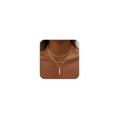 Gold Necklace for Women 14K Gold Plated Layered Cross Bar Necklace Herringbone Figaro Paperclip Flat Chain Cute Charm Accessories Non Tarnish Jewelry Set Gifts for Women - style: R-NK-07-Bar-GD