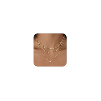 Layered Gold Necklace Set for Women Dainty Waterproof Cute Choker | 14K Gold Plated Minimalist Non Tarnish Lightweight CZ Pendant Pearl Twist Paperclip Chain Jewelry Gifts - style: 3PCS-Paperclip chain zircon-GD