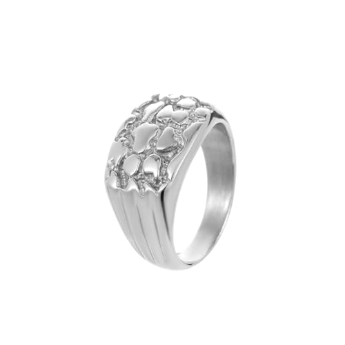 Gold Plated Nugget Ring for Men & Women – Stainless Steel Chunky Hip Hop Rings - Hypoallergenic Unisex Jewelry – US Size 5-13 – Gift Box Included - color: Silver