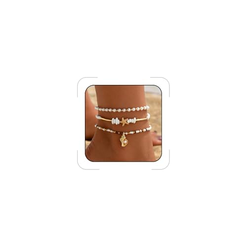 Gold Shell Ankle Bracelets for Women Adjustable Boho Beach Jewelry Set With Starfish Conch Pearl Bead Summer Vacation Foot Accessories Gifts for Travel - color: Gold-A