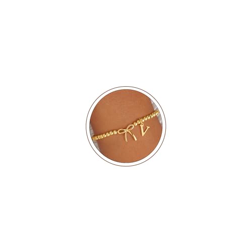 M MOOHAM Bow Initial Bracelets for Women Girls, Letter A-Z Beaded Bracelet | 14K Gold Plated, Bow Bracelets for Girls, Gold Bracelet, Beaded Initial Bracelet, Birthday Gift for Teen Girl Jewelry - color: V