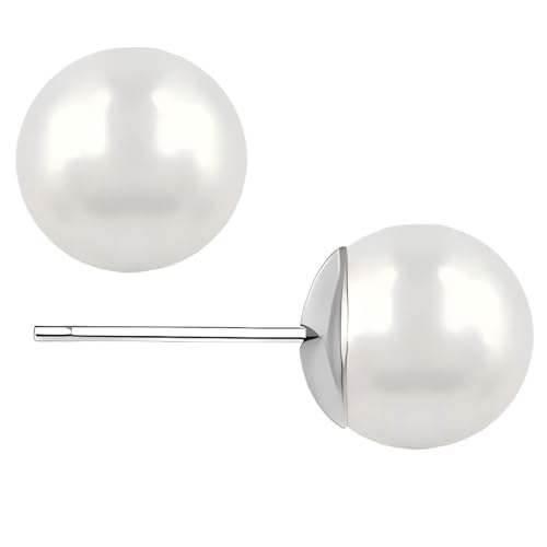 White Faux Pearl Stud Earrings, S925 Silver Posts Hypoallergenic for Women - color: White, size: 8mm