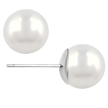 White Faux Pearl Stud Earrings, S925 Silver Posts Hypoallergenic for Women - color: White, size: 8mm