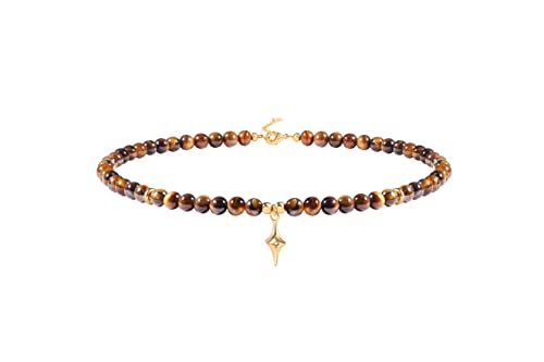 PEARLADA Turquoise Beaded Choker Necklace Chakra Stone Necklace Adjustable - color: Tiger Eye Beads 6mm
