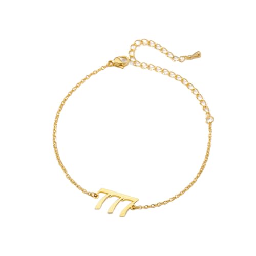 PAURO Women's Angel Number Bracelet Ankle Anklet Chain Adjustable | Stainless Steel, Minimalist Numerology Spiritual Statement Jewelry Gift - color: Gold 777, 8.3+2inch