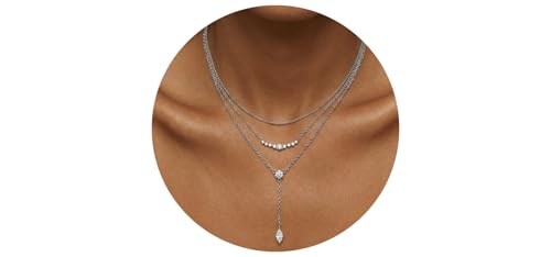 14k Gold Plated Layered Cubic Zirconia Pendant Necklace for Women | Gold Plated Clover Necklaces Stackable Dainty Cubic Zirconia Pendant Necklace，Mother's Day, Thanksgiving Jewelry Trendy gifts - color: silvery, style: Style4