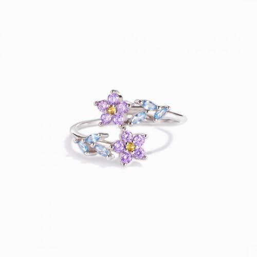 Adjustable Leaf Stackable Rings for Women Cubic Zirconia Stones Blue Leaves Purple Flower Open Band Stacking Finger Sliver Rings Fashion Plant Floral Aesthetic CZ Jewelry - color: flower leaf
