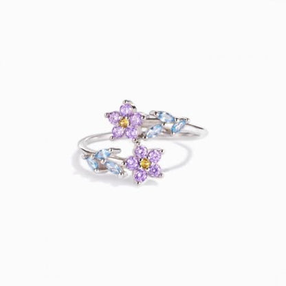 Adjustable Leaf Stackable Rings for Women Cubic Zirconia Stones Blue Leaves Purple Flower Open Band Stacking Finger Sliver Rings Fashion Plant Floral Aesthetic CZ Jewelry - color: flower leaf
