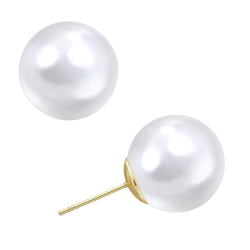 Oversized Faux Pearl Stud Earrings for Women, 14K Gold Plated Sterling Silver Hypoallergenic Large Classic Lightweight Pearl Earrings - size: 8mm
