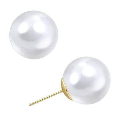 Oversized Faux Pearl Stud Earrings for Women, 14K Gold Plated Sterling Silver Hypoallergenic Large Classic Lightweight Pearl Earrings - size: 10mm