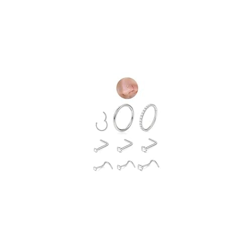 8PCS Titanium Nose Rings Stud, Gold Nose Ring for Women Men Hypoallergenic Nostril Hoops L Shape Nose Studs Corkscrew CZ Nose Piercing Jewelry Silver 18G & 20G Nose Ring Studs 2/2.5/3mm - style: 8PCS -Silver