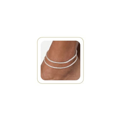 Tewiky Sterling Silver Plated Ankle Bracelets for Women,Dainty Layered Waterproof Anklet for Women Adjustable Sparkly Herringbone Beaded Rope Chain Set Stackable Cute Summer Beach Jewelry Gift - color: silver1