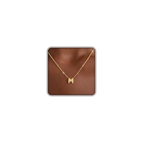 Initial Necklaces for Women, 14K Gold Plated Dainty Bubble Letter Necklace A-Z Name Pendant Necklace for Women Trendy Gold Jewelry Personalized Gifts - color: M