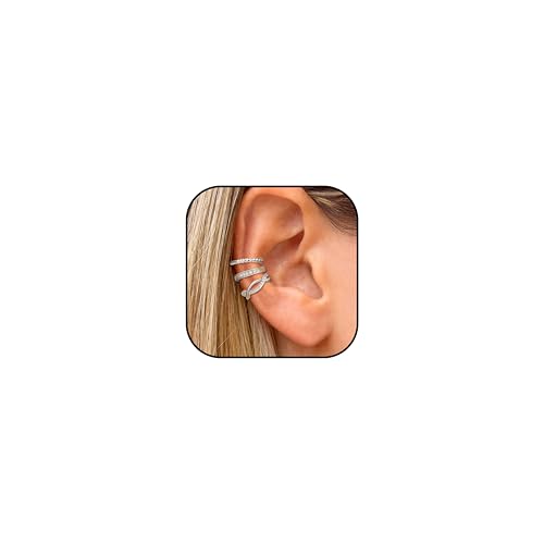 3Pcs 14K Gold Ear Cuff Earrings for Women Adjustable Non Piercing Ear Cuffs Sterling Silver Fake Earrings Clip on Cartilage Earring Ear Cuffs Jewelry - style: Style D-Silver