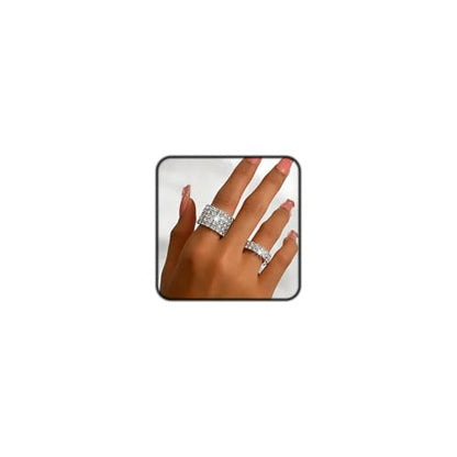 Fashion Silver Bling Rhinestone Crystal Stretch Rings Set for Women | Sparkly Rhinestone Elastic Finger Nail Ring Glitter Stretchy Stack Statement Knuckle Rings Cocktail Jewelry Accessories Pack - color: Silver