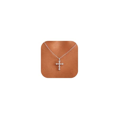 Cross Necklace for Women, 14K Gold Plated Cubic Zirconia Cross Pendant Necklace, Trendy Christian Jewelry Gifts for Baptism First Communion Christmas - color: Style C - Silver