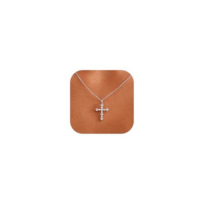 Cross Necklace for Women, 14K Gold Plated Cubic Zirconia Cross Pendant Necklace, Trendy Christian Jewelry Gifts for Baptism First Communion Christmas - color: Style C - Silver