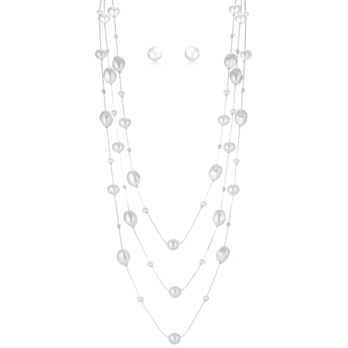 Errally Long Pearl Necklace and Earring Set Layered Pearl Beaded Necklaces for Women White Costume Jewelry Sets Gifts for Mom - color: Faceted Oval