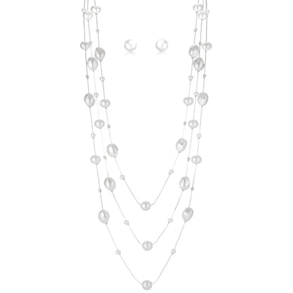 Errally Long Pearl Necklace and Earring Set Layered Pearl Beaded Necklaces for Women White Costume Jewelry Sets Gifts for Mom - color: Faceted Oval
