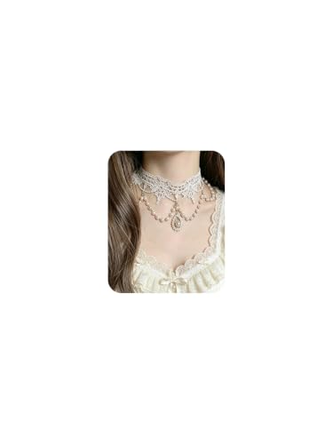 Lace Choker Necklace for Women White Lace Tassel Pendant Choker Necklaces Vintage Boho Collar Necklaces Statement Artistic Palace Princess Chain Necklace Pearl - color: White Lace Pearl