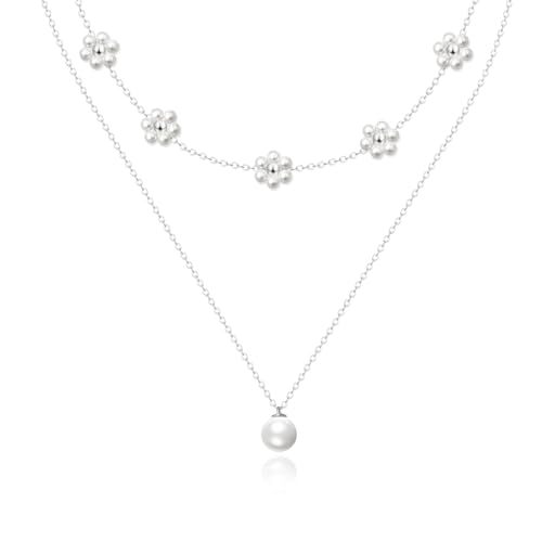 Zeffy Gold Pearl Necklace for Women, Dainty 14K Gold/Silve Plated Layered Pearl Choker Pearl Earrings Pearl Bracelets Wedding Trendy Gold Jewelry Set for Women Gifts - style: Silver Pearl Daisy Necklace-2PCS