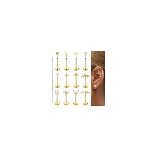 Fansilver 14K Gold Plated Threadless Flat Back Earrings for Women Men | 316L Surgical Steel Push in Nose Piercings Lip Rings,CZ Nostril Helix Conch Medusa Tragus Piercing Jewelry,16/18/20G,6/8mm - color: Gold Plated, size: 20G:8mm