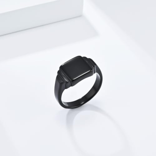 PAURO Unisex Square Shaped Signet Ring Geometric Style | Stainless Steel Square-shaped Signet Style for Men Women,Classical Simple Plain Wedding Engagement Statement Ring - color: Black