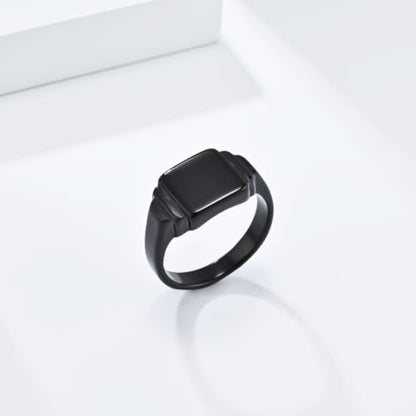 PAURO Unisex Square Shaped Signet Ring Geometric Style | Stainless Steel Square-shaped Signet Style for Men Women,Classical Simple Plain Wedding Engagement Statement Ring - color: Black
