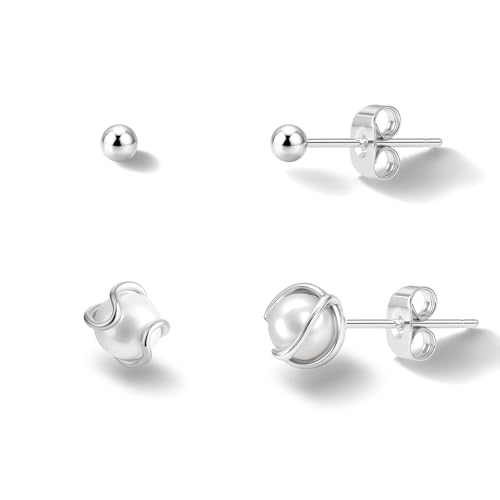 Pearl Earrings for Women 14k Gold/Silver Pearl Drop Earrings Long White Pearl Tassel Dangle Statement Earrings Bridal Wedding Dainty Prom Earrings Birthday Gifts Jewelry - color: Silver Caged Pearl+Ball Stud Earrings