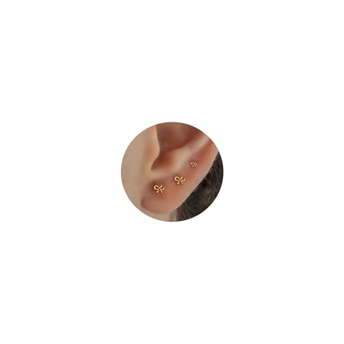 20G/18G/16G Titanium Flat Back Earrings, Threadless Nose Stud Tiny Stud Earrings, Cartilage Tragus Piercing Jewelry Conch Helix Stud - color: Bow (gold 3pcs), size: 16ga(1.2mm)