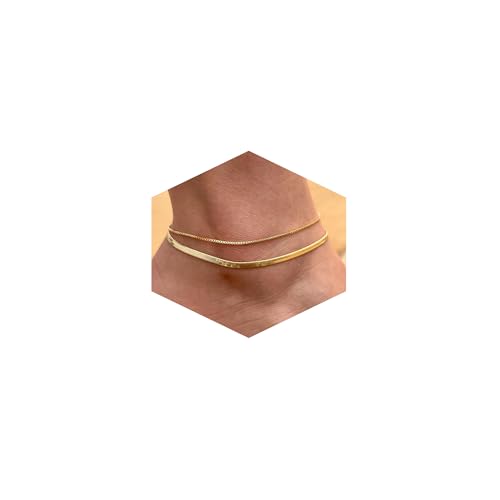 Risamil 14K Gold Plated Ankle Bracelets for Women, Anklets for Women Waterproof Layered Ankle Bracelets for Women Teen Girl Herringbone Anklet Set Summer Foot Jewelry Gifts - color: 2PCS-02