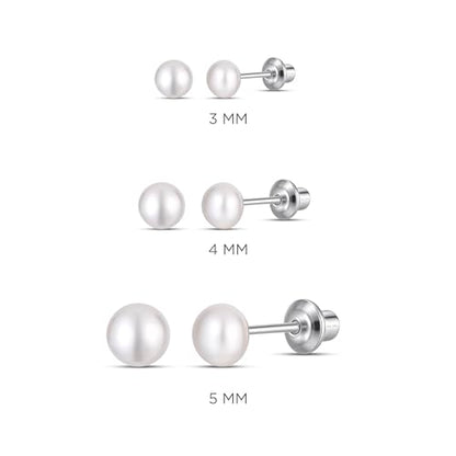 Pearl Screw Back Stud Earrings, 925 Sterling Silver Hypoallergenic - color: White, size: 3mm-Small