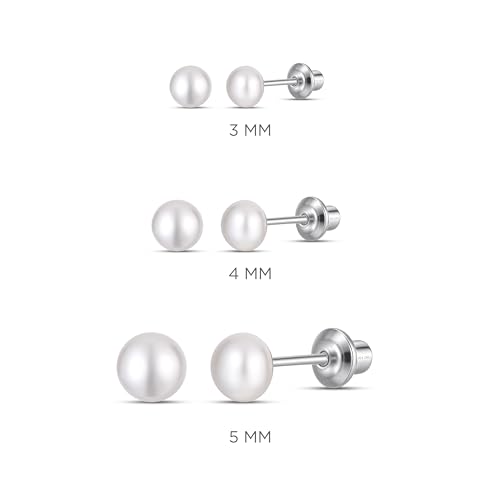 Pearl Screw Back Stud Earrings, 925 Sterling Silver Hypoallergenic - color: White, size: 4mm-Medium