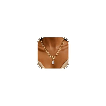 Chunky Gold Necklace for Women Trendy Non Tarnish 14K Gold Plated Paperclip Chain Charm Necklaces Chunky Heart Cross Clover Pearl Pendant Necklace with Toggle Clasp Statement Jewelry Gift for Women - color: B-Pearl