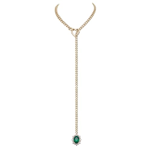 Women's Heart O-Ring Slip Chain Necklace, Double Layered Adjustable 39'' Cuban Chain with Detachable Heart Clasp and Colorful Rhinestone Pendant - color: 25'' Gold-Emerald Green