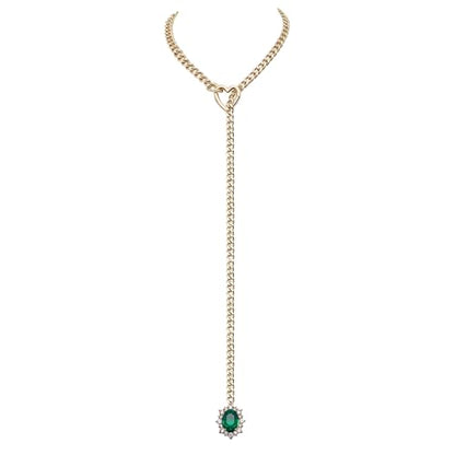 Women's Heart O-Ring Slip Chain Necklace, Double Layered Adjustable 39'' Cuban Chain with Detachable Heart Clasp and Colorful Rhinestone Pendant - color: 25'' Gold-Emerald Green