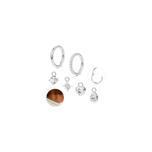 REVOLIA 2Pcs 14G G23 Titanium Clicker Belly Button Ring for Women Hypoallergenic Dangly Hoop Belly Button Ring Teardrop Heart Star CZ Navel Piercing Jewelry 8MM 10MM - color: Silver, size: 10mm