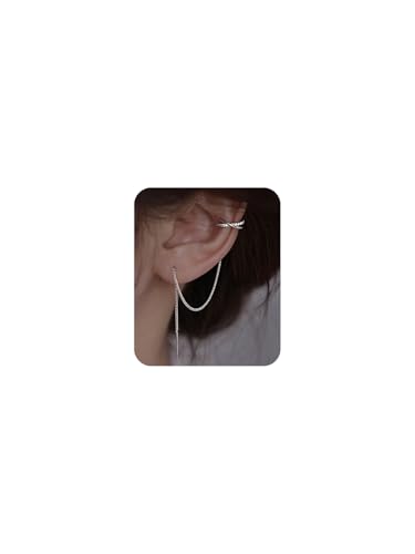 Long Chain Cuff Earrings Gold Silver Wrap Tassel Earrings Minimalist Cz Round Stud With Chain Cuff Double Piercing Jewelry Statement Fake Earrings for Women - color: style1-silver-2pcs
