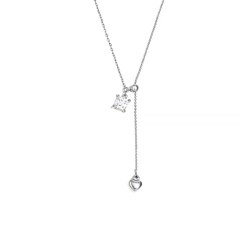 Lariat Necklaces for Women, Dainty Minimalist Knotted Rope Design Pendant Long Y Necklaces 18k Gold Plated Trendy Chain Jewelry - color: Silvery, style: Square CZ and Heart