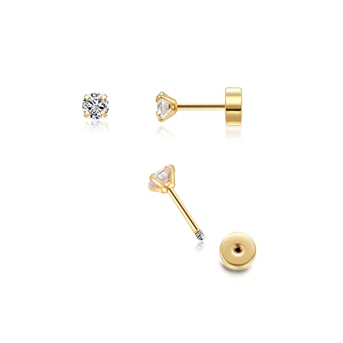 Renkovte Flat Back Screw Back CZ Stud Earrings, Small Cubic Zirconia Stud Earrings for Helix Cartilage Tragus Earlobe Piercing for Women (2mm 3mm 4mm Gold Color) - size: 2.5mm CZ