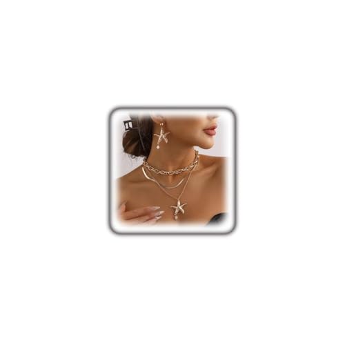 Gold Layered Stackable Starfish Earrings Necklace Sets for Women,Boho Faux Pearl Earrings Chunky Herringbone Pendant Necklace Ocean Matching Jewelry Gifts - color: Golden