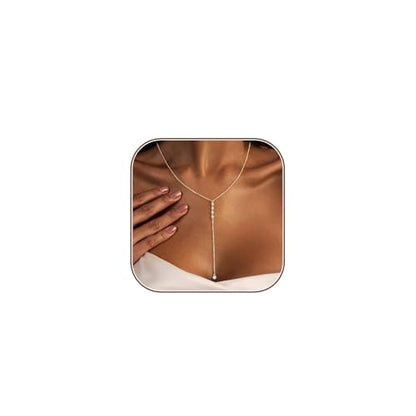 Luxval Lariat Gold Necklace for Women, Dainty Long Necklace 14k Gold Plated/Silver Y-Shaped Pendant Necklaces Trendy Beaded Chain Drop Necklaces Jewelry for Women Gifts - color: Gold-Four CZ Y Necklace