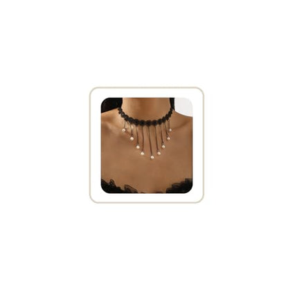 Lace Choker Necklace for Women Tassel Pendant Choker Necklaces Elegant Boho Collar Necklaces Statement Artistic Chain Necklace with Pearl Halloween Party Cosplay Costume Jewelry - color: Black Lace Pearl-1