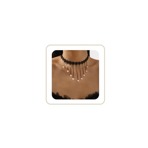 Lace Choker Necklace for Women Tassel Pendant Choker Necklaces Elegant Boho Collar Necklaces Statement Artistic Chain Necklace with Pearl Halloween Party Cosplay Costume Jewelry - color: Black Lace Pearl-1
