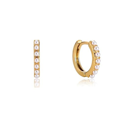 Kenivira Gold Pearl Hoop Earrings for Women | 18K Gold Huggie Dangle Earrings | Lightweight Small Hoop Earrings - color: Pearl & Tiny