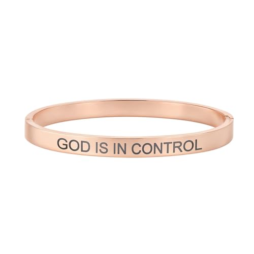 Inspirational Christian Bracelet for Women, Oval Engraved Bible Verse Love Bangle Cuff, Faith Scripture Jewelry, Religious Encouragement Gift for Mom Daughter Sister Friend - color: GOD IS IN CONTROL-Oval Bangle Rose Gold