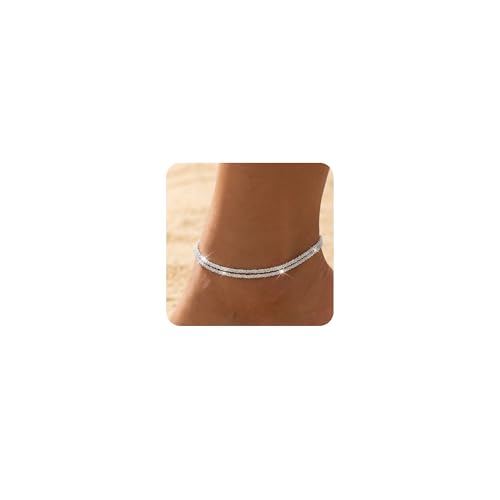 Dainty Anklets for Women, 14K Gold Plated & Sterling Silver Plated Ankle Bracelets, Adjustable, Waterproof & Hypoallergenic Summer Beach Foot Jewelry in Assorted Styles - style: dainty anklet silver