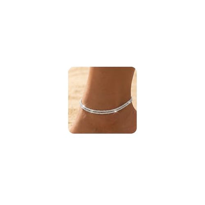 Dainty Anklets for Women, 14K Gold Plated & Sterling Silver Plated Ankle Bracelets, Adjustable, Waterproof & Hypoallergenic Summer Beach Foot Jewelry in Assorted Styles - style: dainty anklet silver