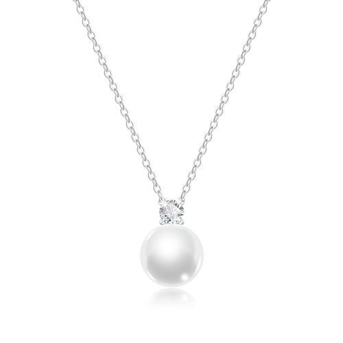 Pearl Necklace for Women 925 Sterling Silver Single Pearl Jewelry with Shell Pearl Pendant - Dainty Choker Necklace Suitable for Anniversary, Wedding, Birthday Gifts - color: CZ Silver